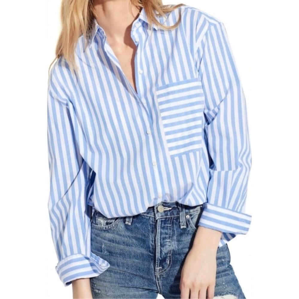 AYR Deep End Stripe Button Down Shirt Women's Medium Blue White